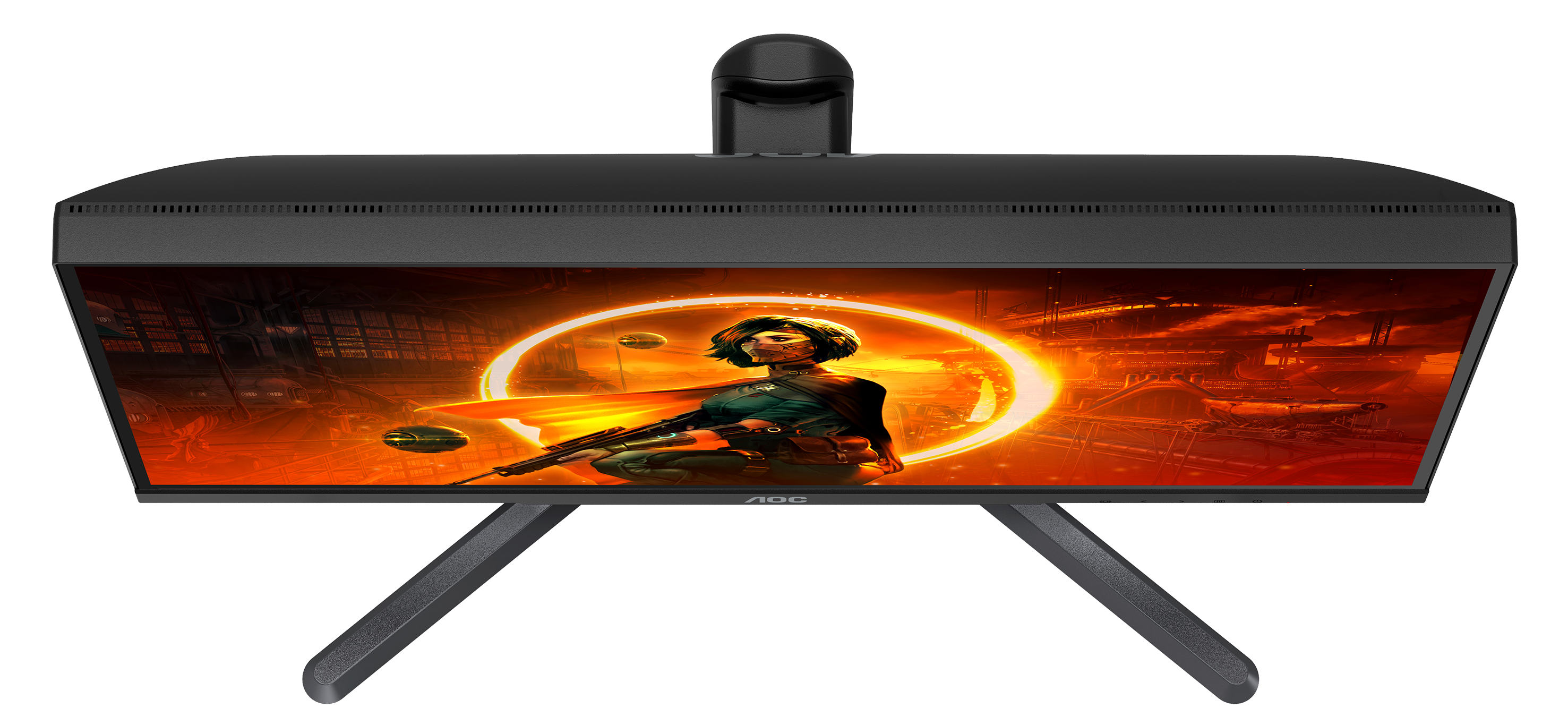 Draufsicht auf einen schwarzen Gaming-Monitor, der eine Spielszene mit einer Frau zeigt.