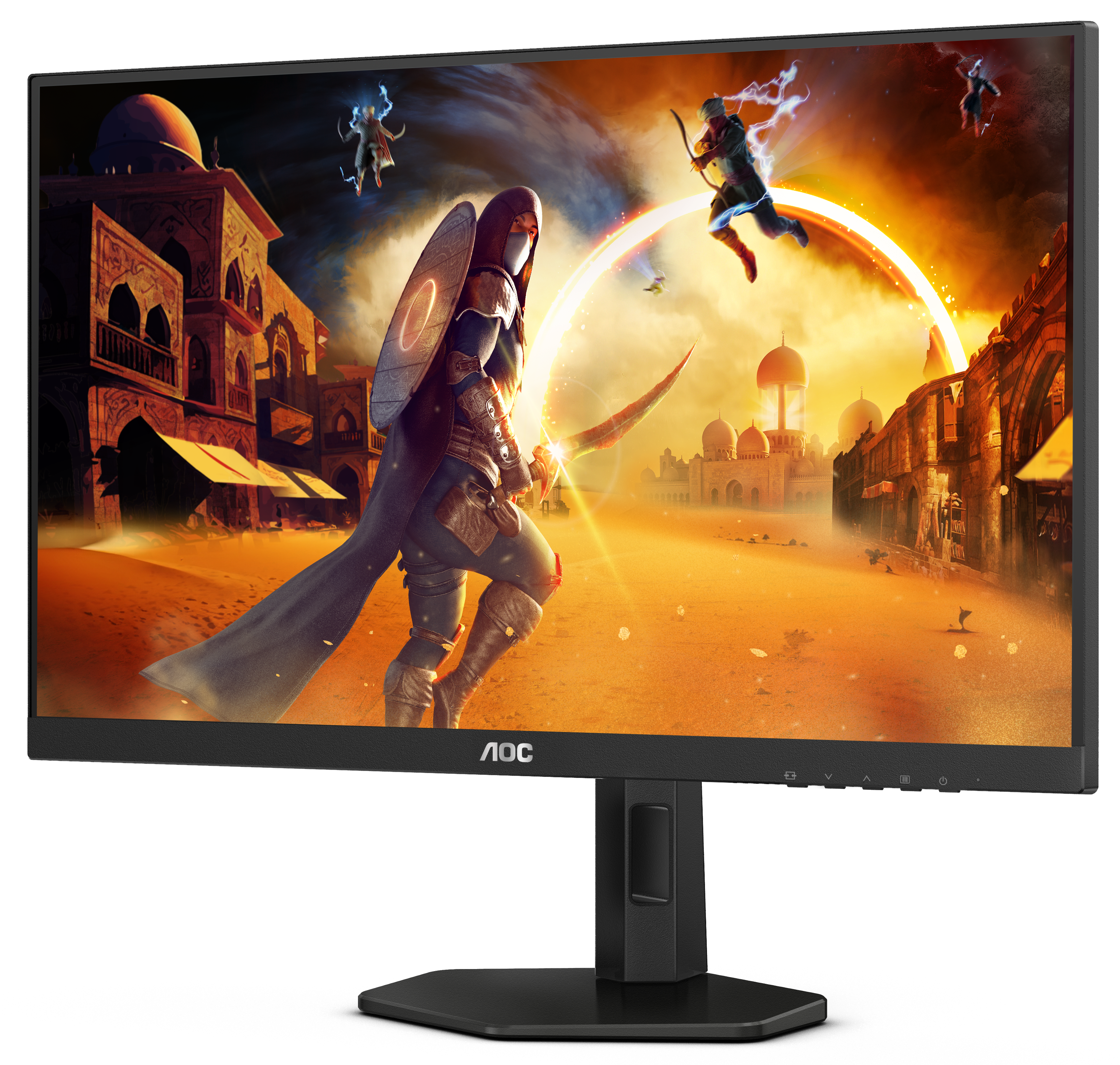 Ein Gaming-Monitor mit einer Spielszene, die einen kämpfenden Krieger zeigt.