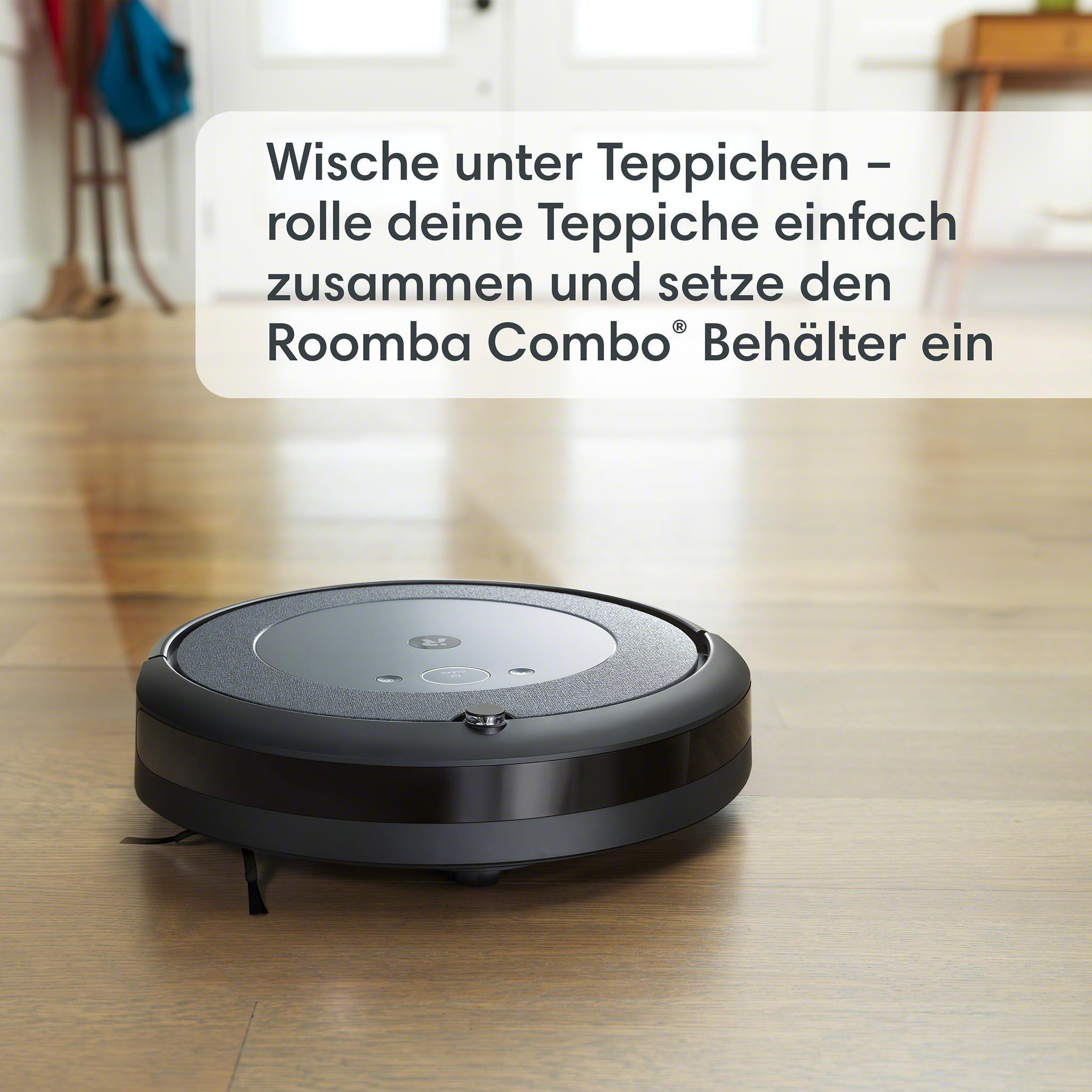 Ein schwarzer Roomba Combo Roboter-Staubsauger auf einem Holzboden. Deutscher Text steht über dem Roboter.