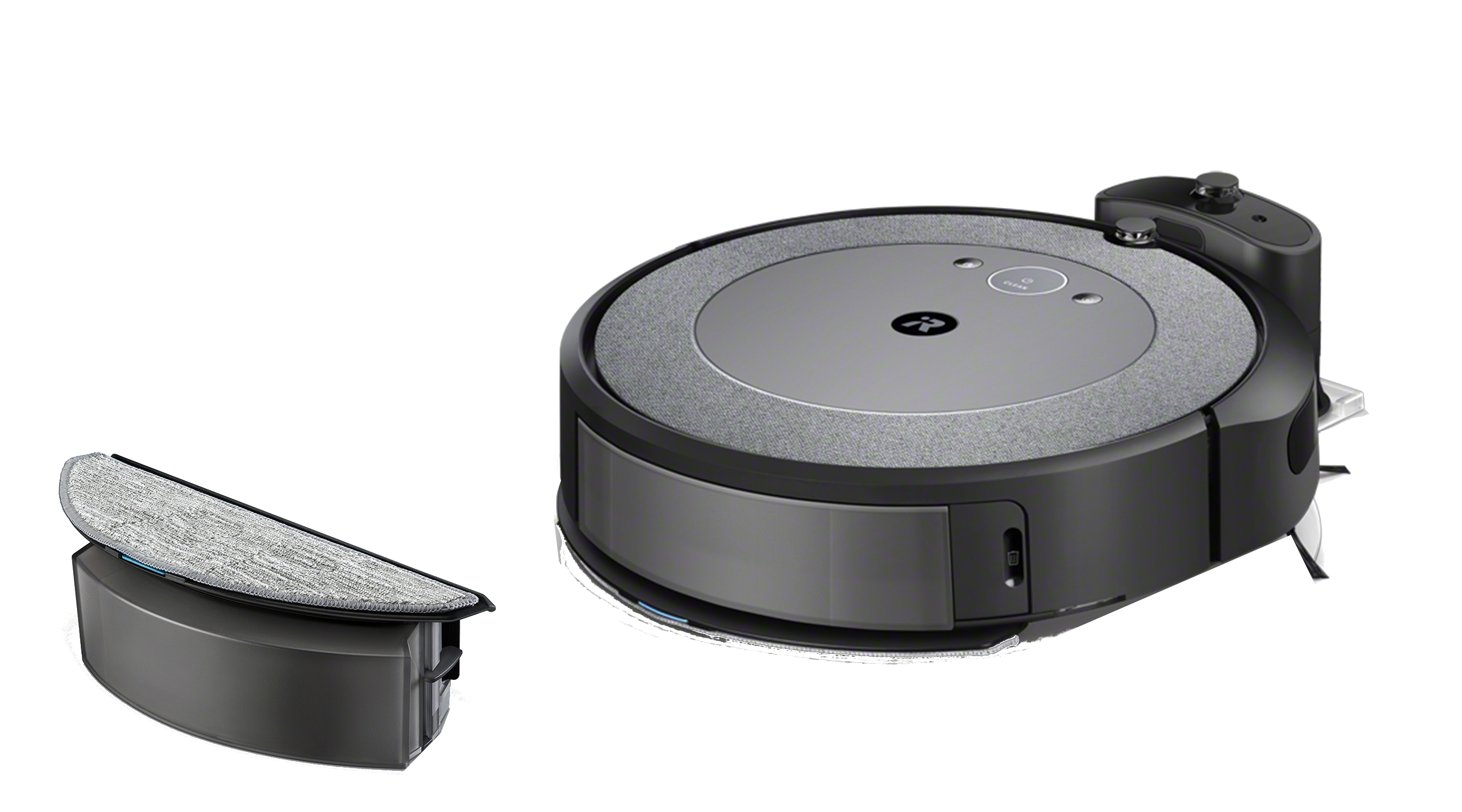 Roboter-Staubsauger mit Ladestation. Es ist dunkelgrau. Das Reinigungspad befindet sich links.