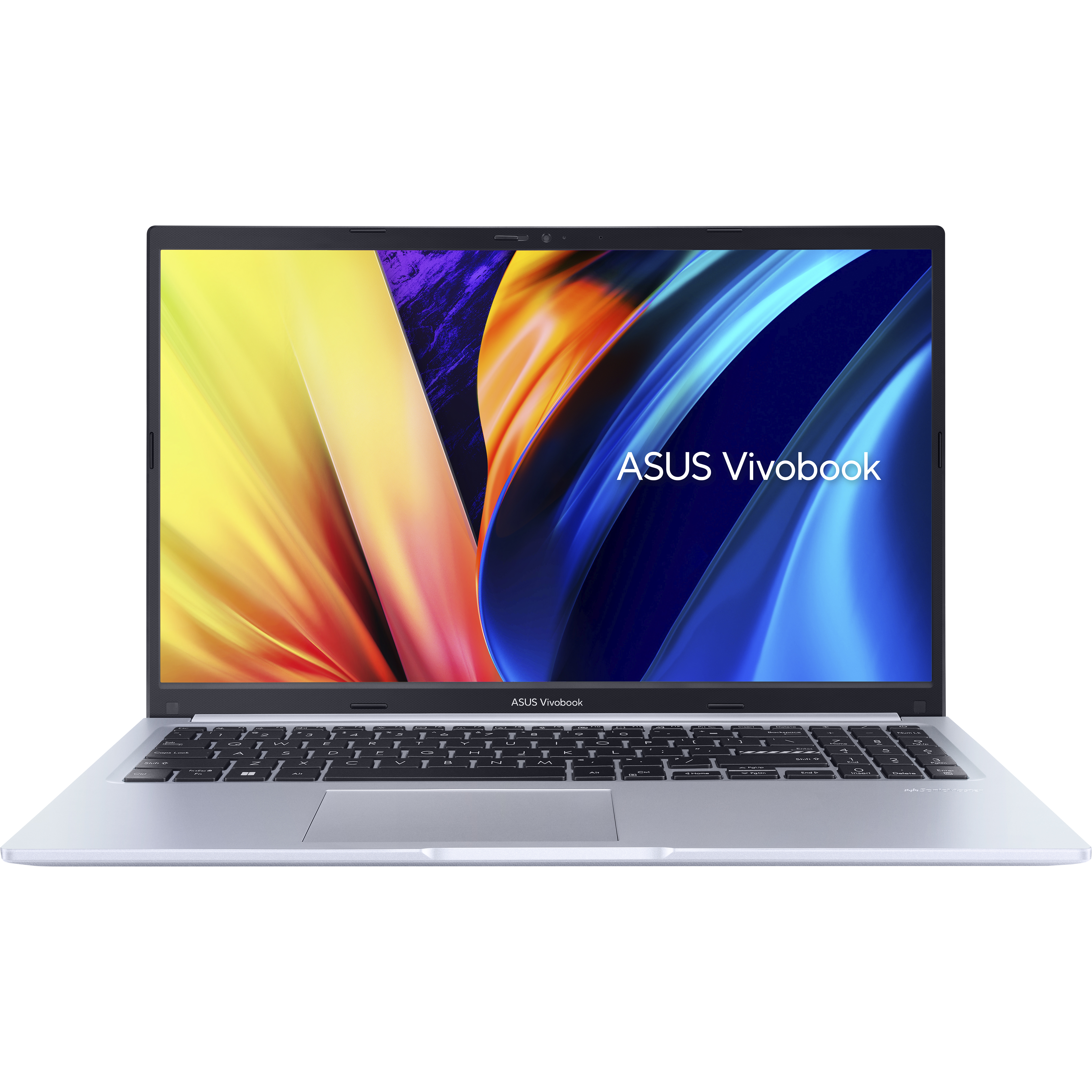 Portátil ASUS Vivobook plateado abierto, mostrando la pantalla con un degradado azul y amarillo y ASUS Vivobook.