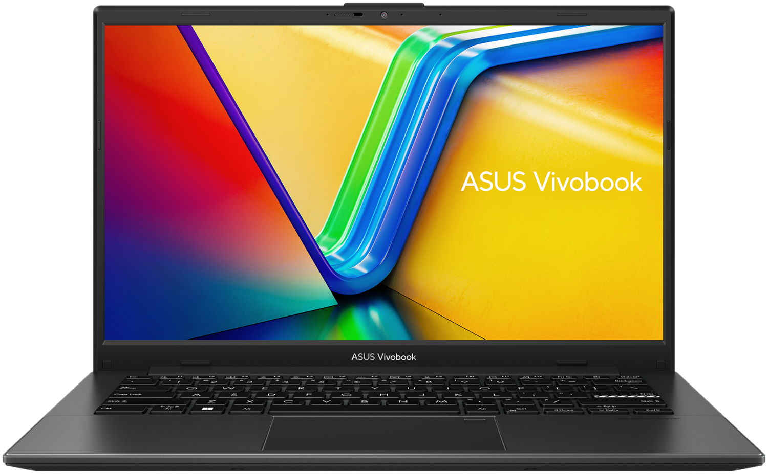 Asus Vivobook laptop, zwart. Toont levendige kleuren, toetsenbord is zichtbaar.