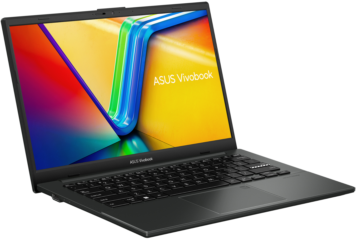 Een zwarte laptop staat open op een tafel. Het scherm toont een kleurrijke afbeelding.