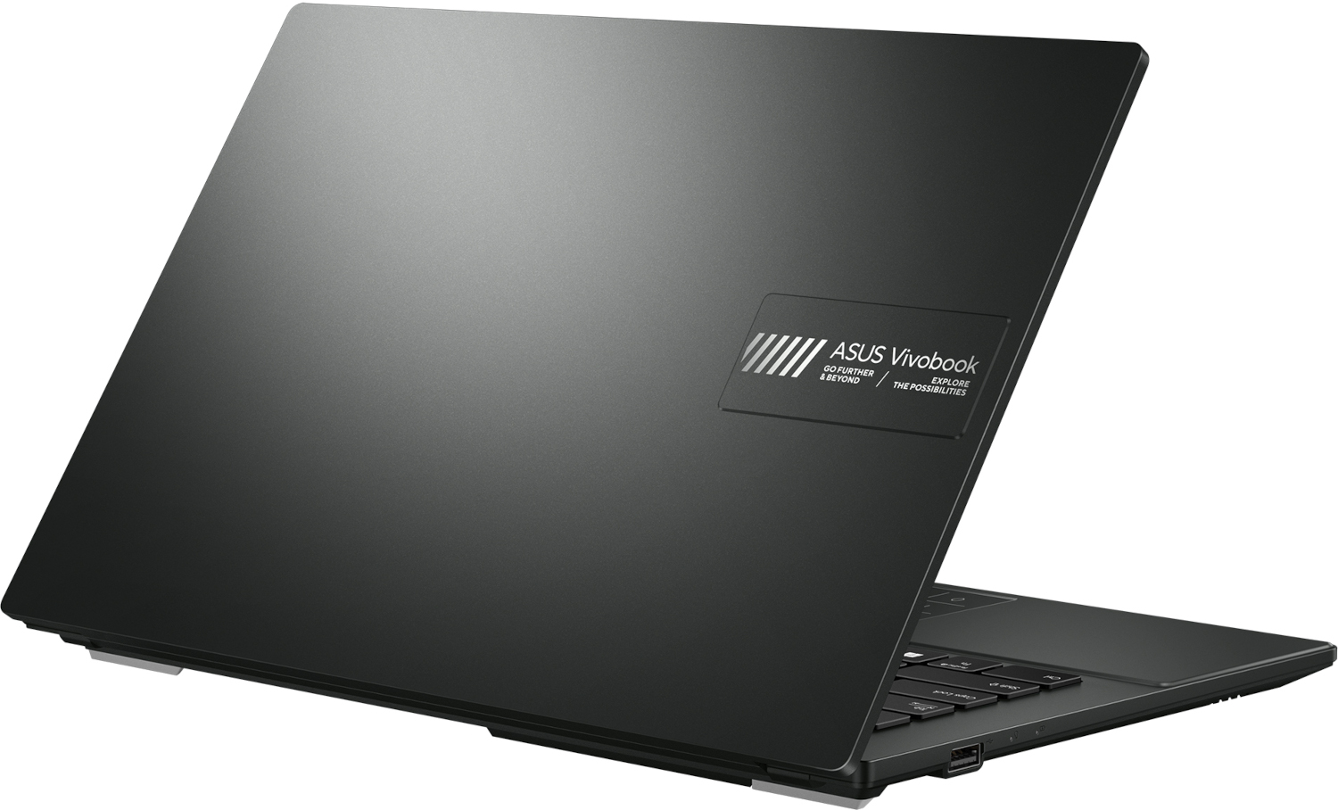 Achterkant laptop. Zwart, met het ASUS Vivobook logo, iets geopend.