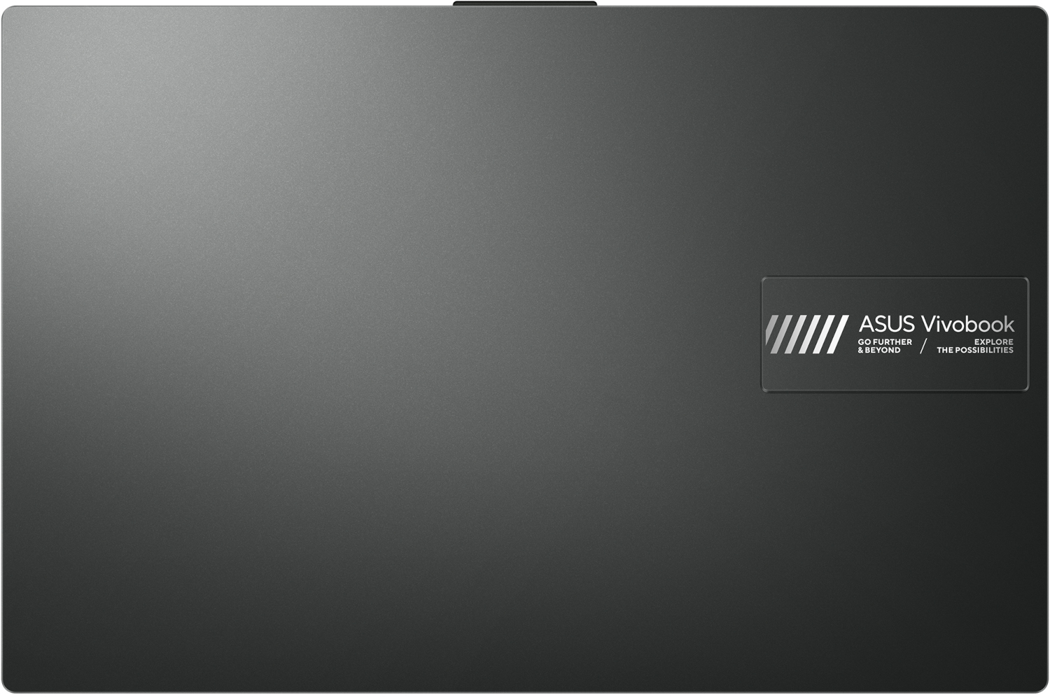 Donkergrijze laptop gesloten, met zilveren ASUS Vivobook logo.