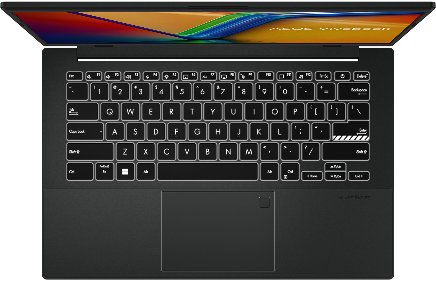 Een zwarte laptop met een verlicht toetsenbord en een scherm met een kleurrijk ontwerp.