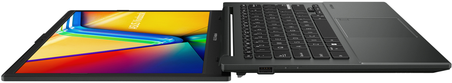 Laptop: open, kleurrijk scherm, toetsenbord zichtbaar. Zwart, schuin tegen wit.
