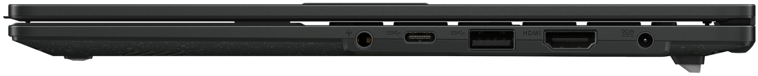 Zijaanzicht van een zwarte laptop met poorten: audio, USB-C, HDMI, voeding.