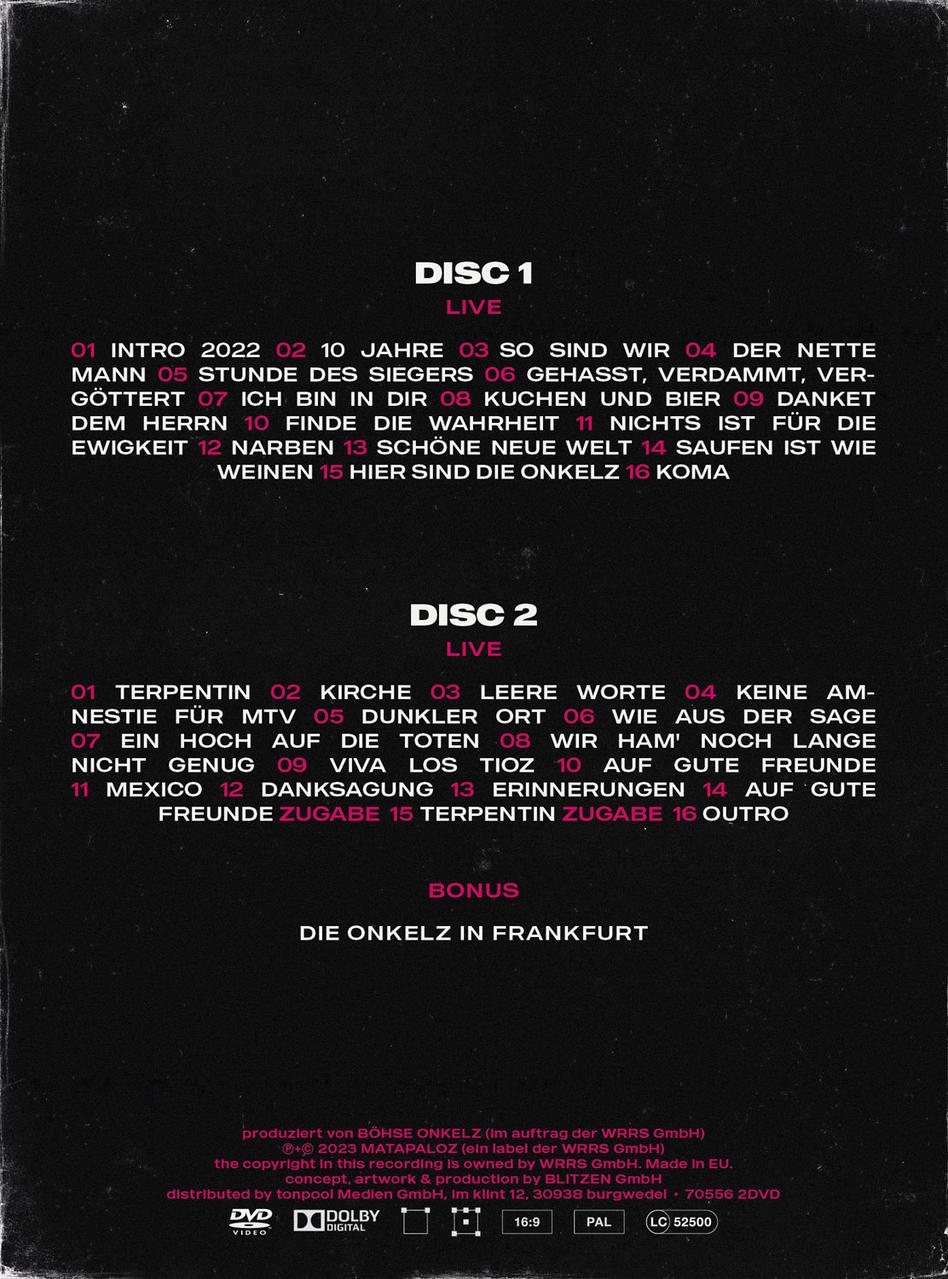 CD-Rückseite mit Titellisten in zwei Discs. Rosa und schwarzes Design.
