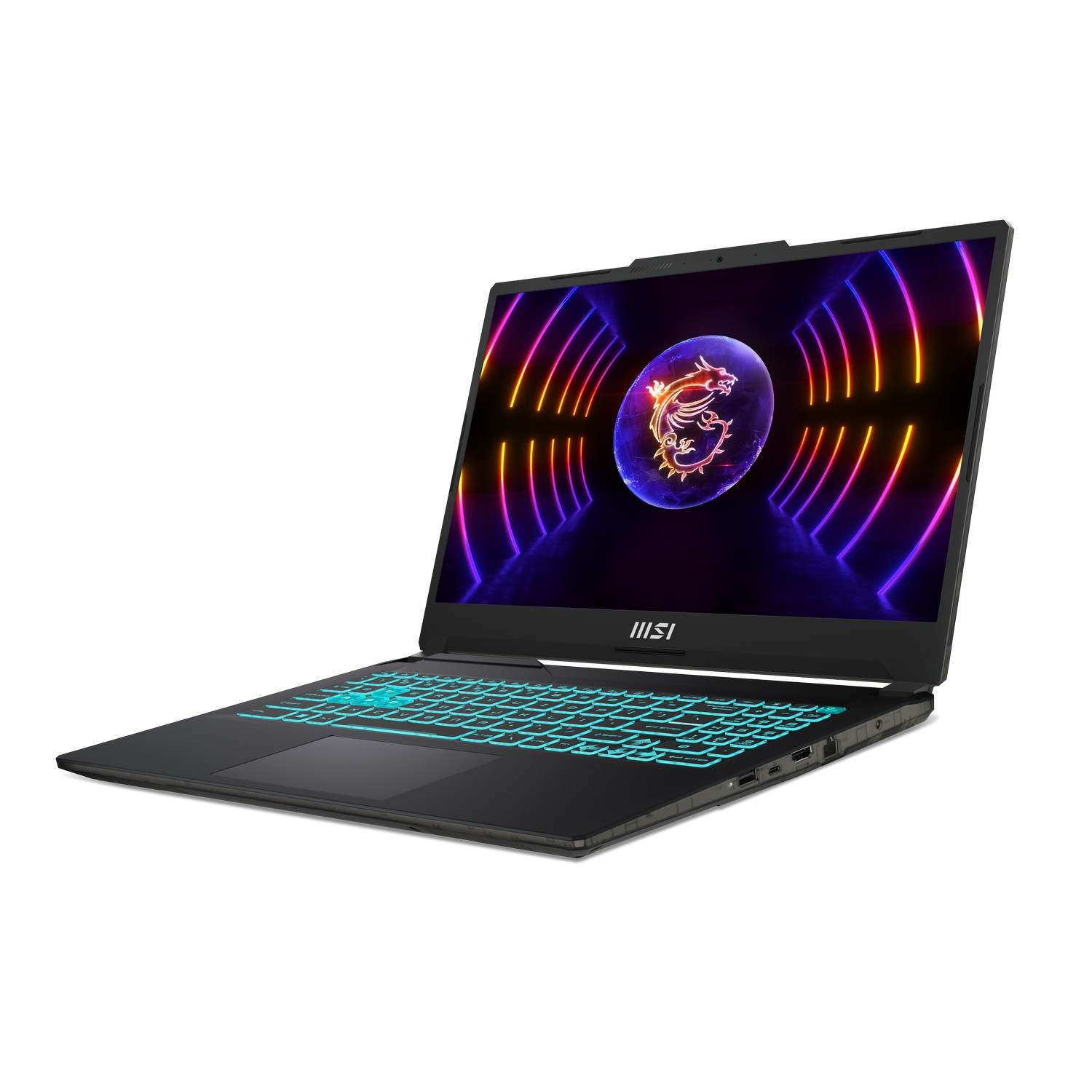 Zwarte laptop op witte achtergrond. Scherm toont een kleurrijk drakenlogo. RGB-toetsenbord.