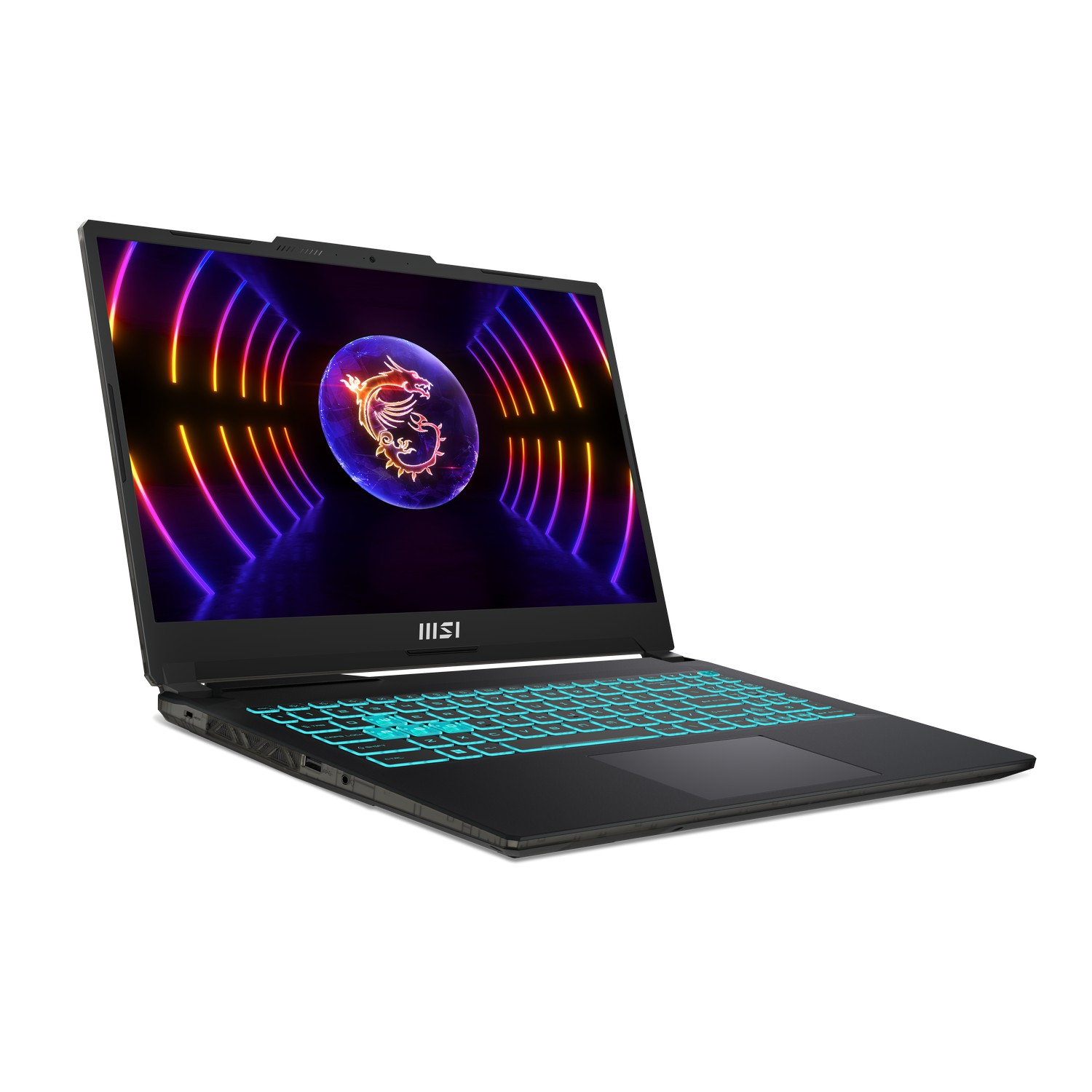 Zwarte laptop met een verlicht toetsenbord en een scherm met een kleurrijke afbeelding.