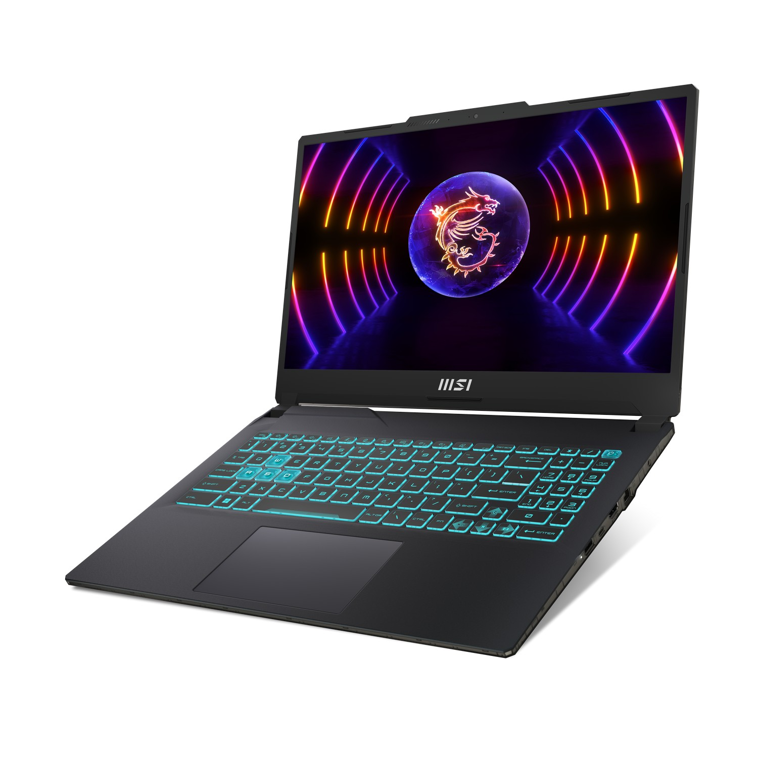 Een zwarte laptop met verlicht toetsenbord en scherm, met een drakenlogo met neonlichten.