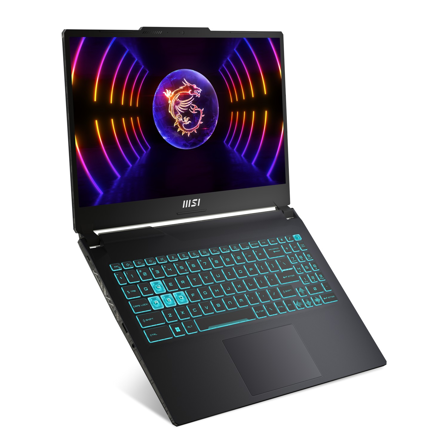 Zwarte laptop op een wit oppervlak met een oplichtend toetsenbord. Het scherm toont een drakenlogo.