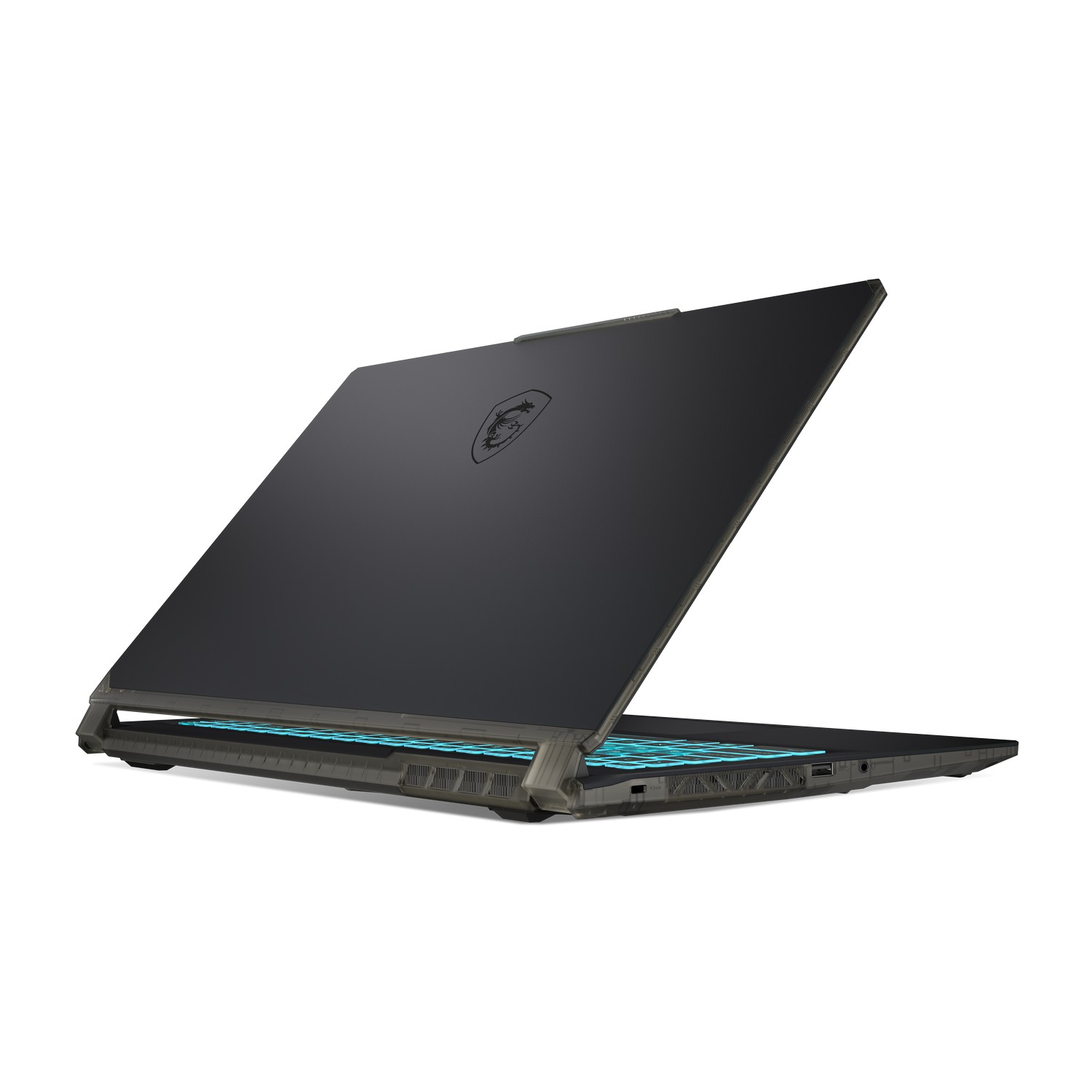 Een laptop met het deksel open, de toetsenbord tonend, met het MSI-logo.