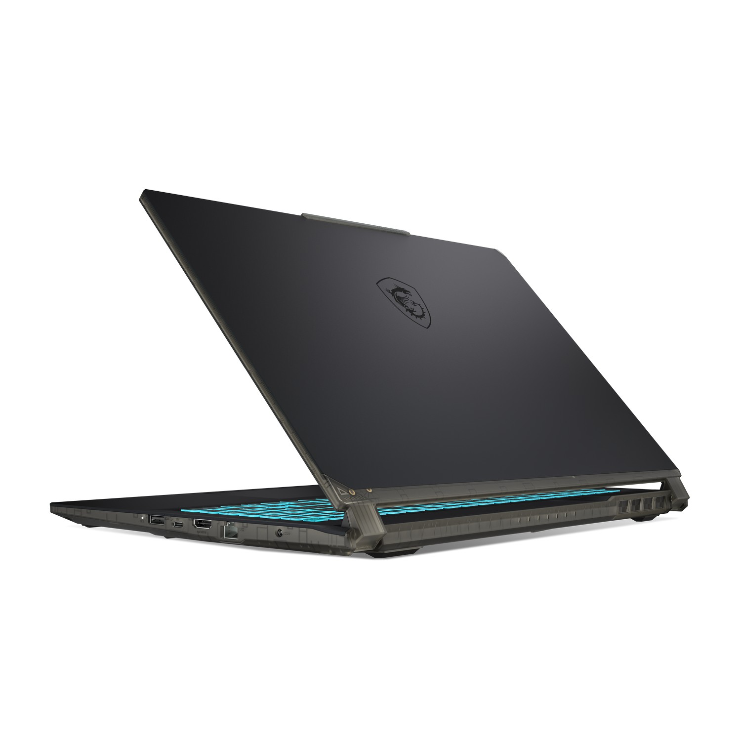 Zwarte MSI-laptop, achteraanzicht, gedeeltelijk open, met toetsenbordverlichting aan.