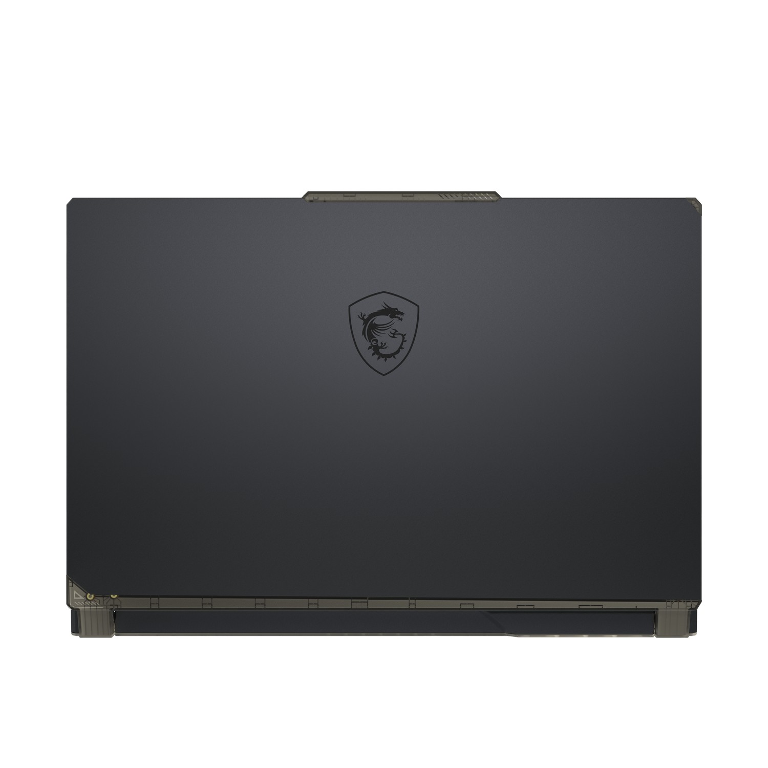 MSI laptop, bovenaanzicht, gesloten. Zwart met MSI logo. Donkere, effen achtergrond.