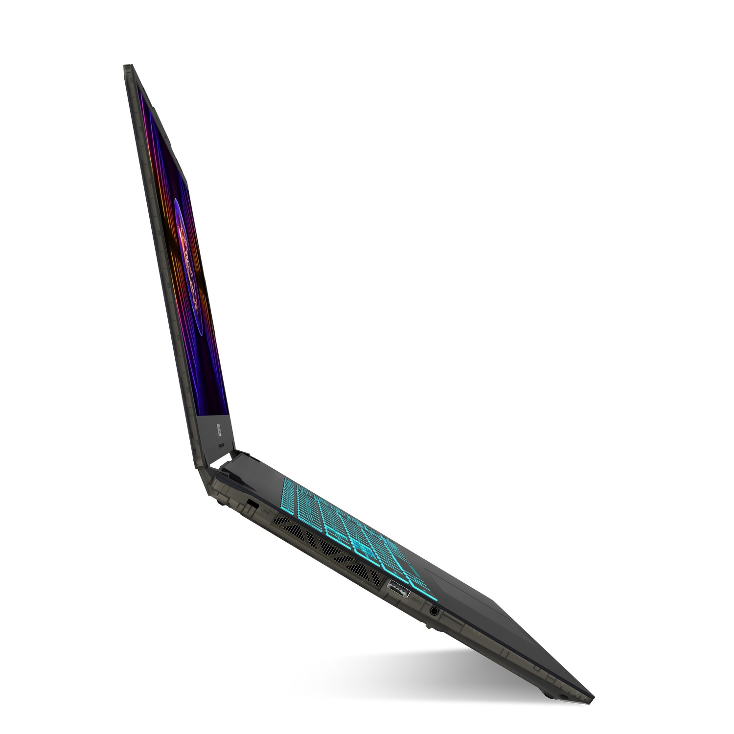 Laptop, iets open, met een kleurrijk scherm. De laptop is zwart, met een toetsenbord en trackpad.