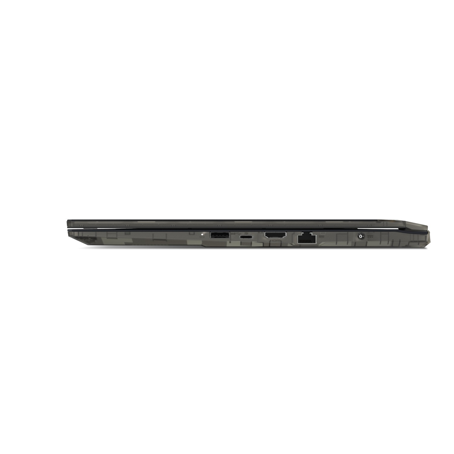 Zijaanzicht van een laptop met poorten en ventilatieopeningen. Camouflagemotief. Witte achtergrond.