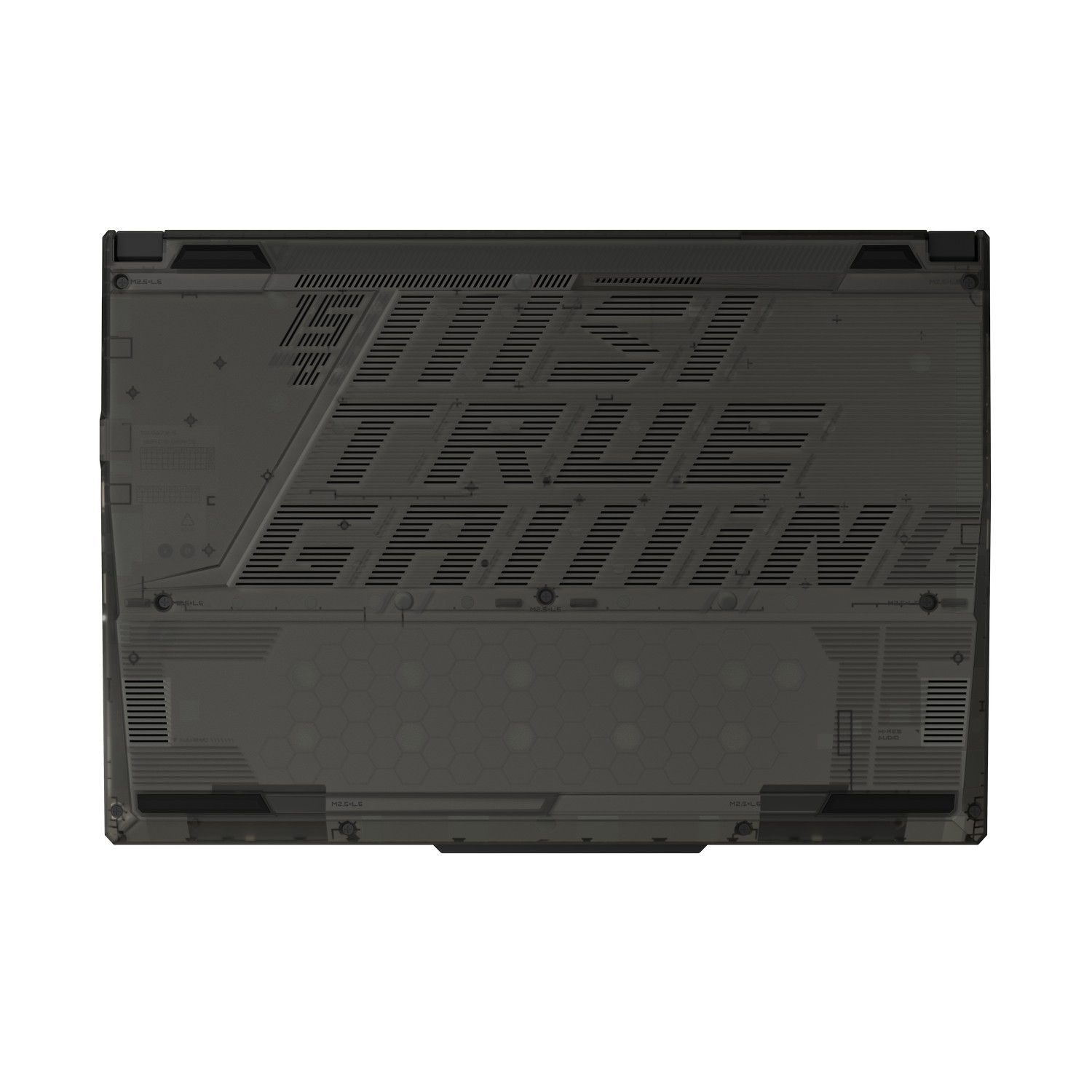 Bovenaanzicht van een donkere laptop met tekst 'First True Edition' en donker oppervlak.