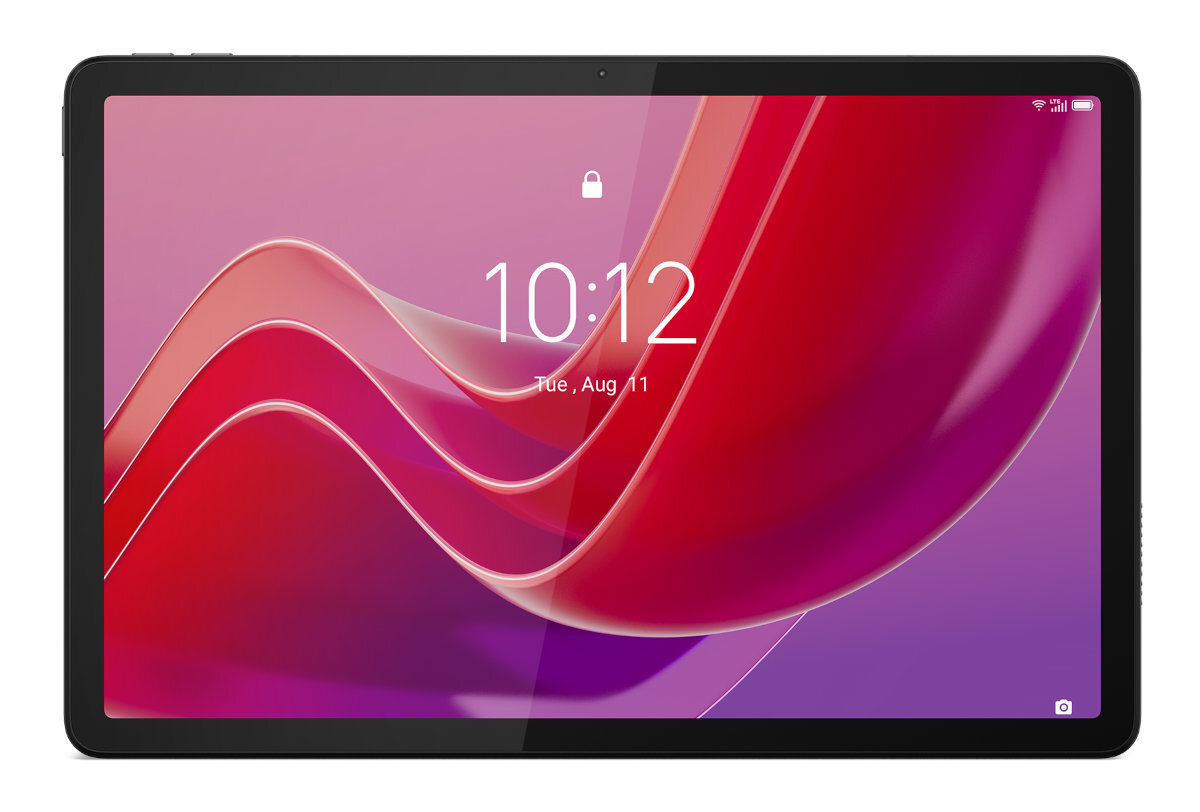 Czarny tablet z kolorowym wyświetlaczem. Pokazuje godzinę 10:12 i datę. Czarna ramka z przednim aparatem.