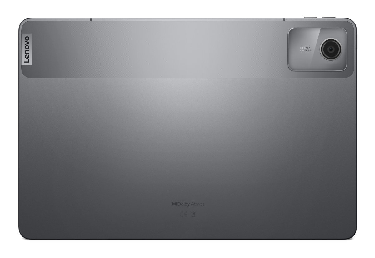Tył szarego tabletu, pokazujący aparat i logo Lenovo. Ma prostokątny kształt.