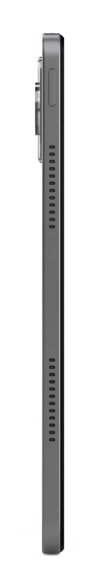 Widok z boku ciemnoszarego tabletu. Bok ma aparat, przycisk i otwory wentylacyjne.