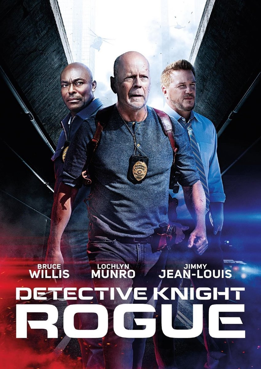 Affiche de film avec Bruce Willis et deux hommes, titre 'Detective Knight: Rogue'.