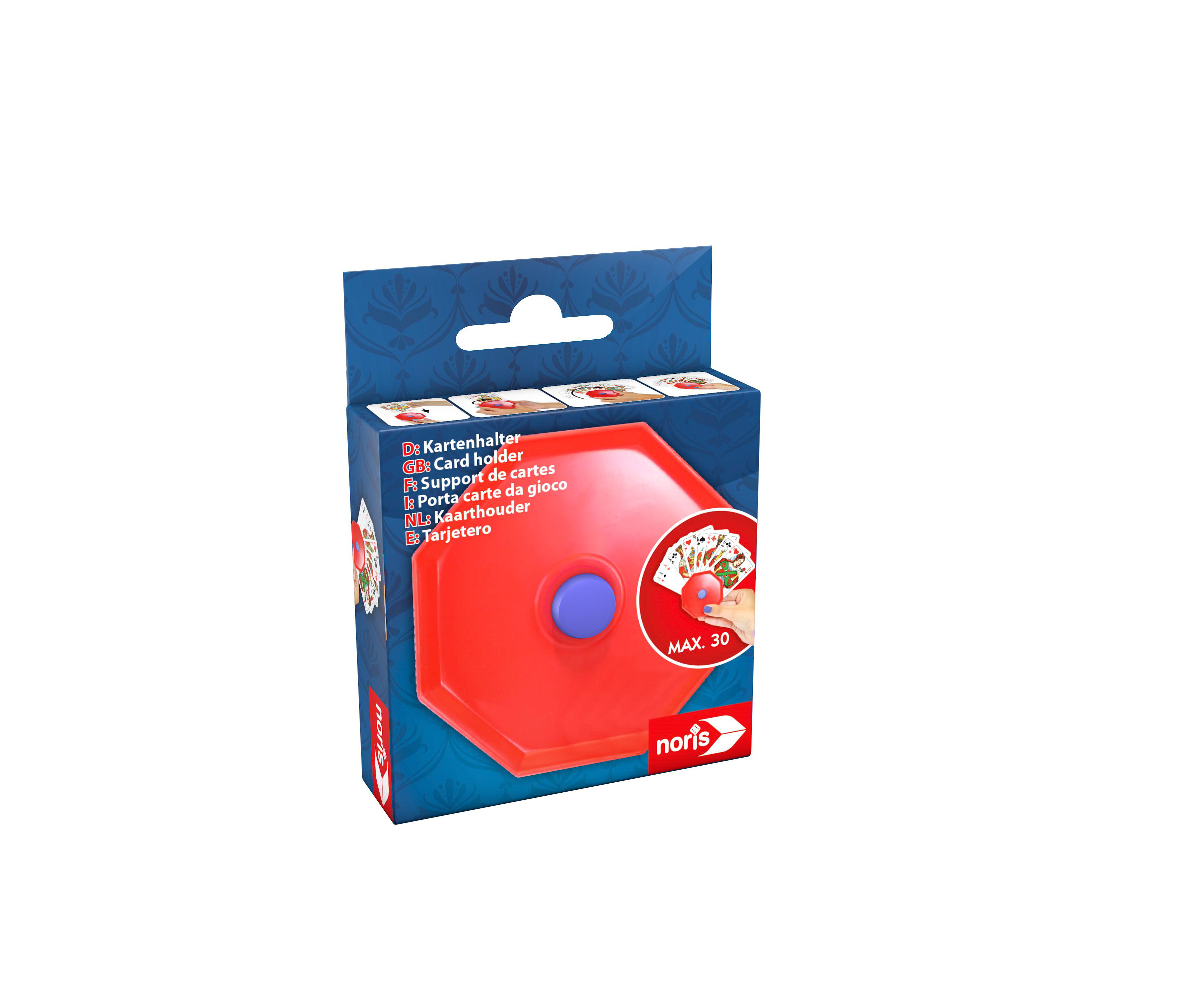 Eine rote Kartenhalterbox mit blauem Mittelteil und einem Kartenspiel darin. Weißer Hintergrund.