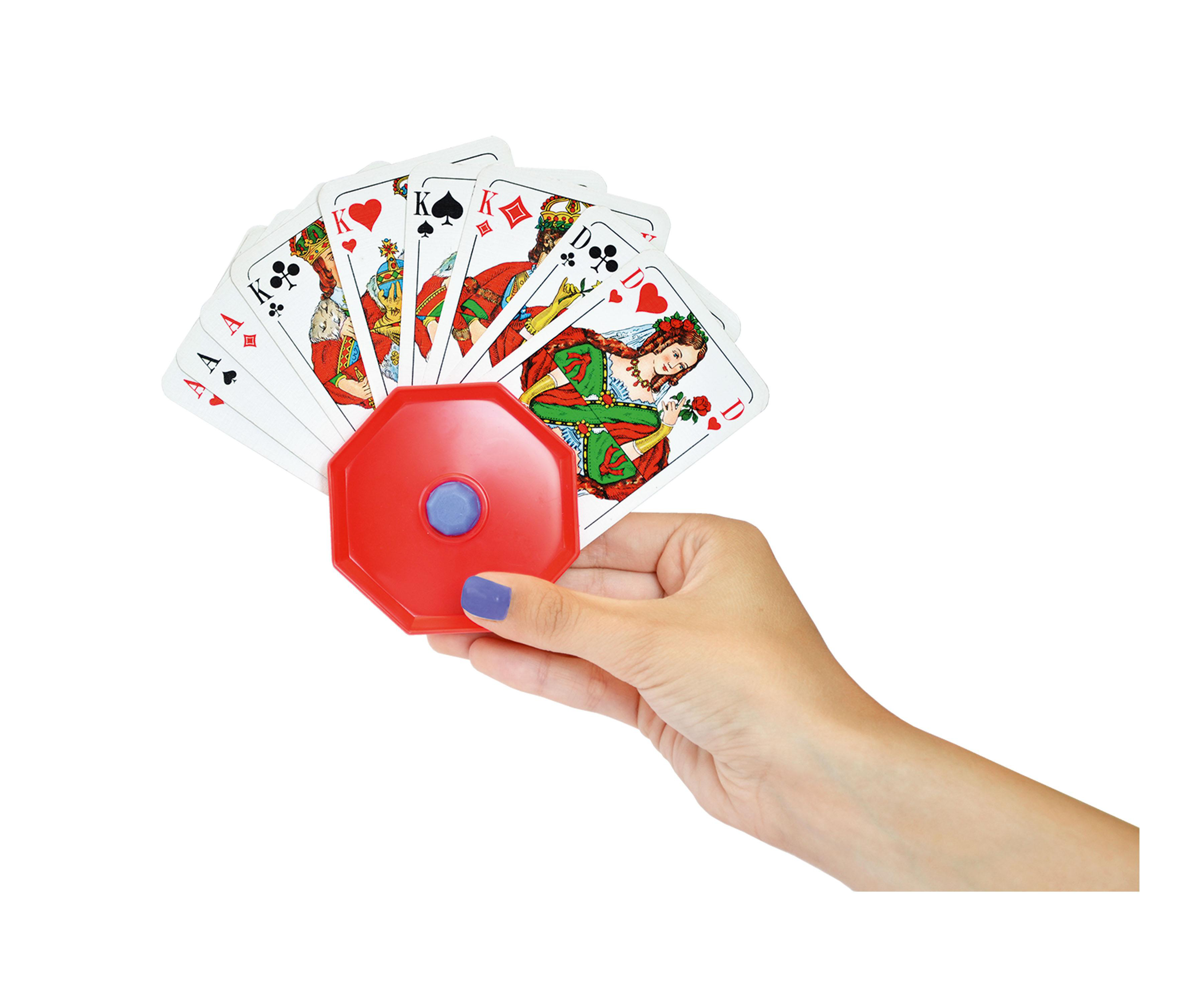 Hand hält roten Kartenhalter, der Spielkarten auffächert.