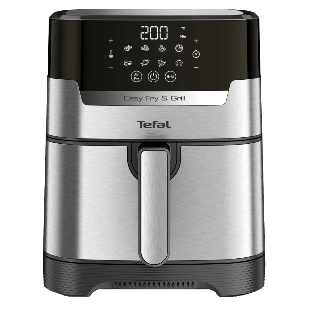 Tefal Easy Fry & Grill Heißluftfritteuse, silber und schwarz. Mit digitaler Anzeige und Griff.
