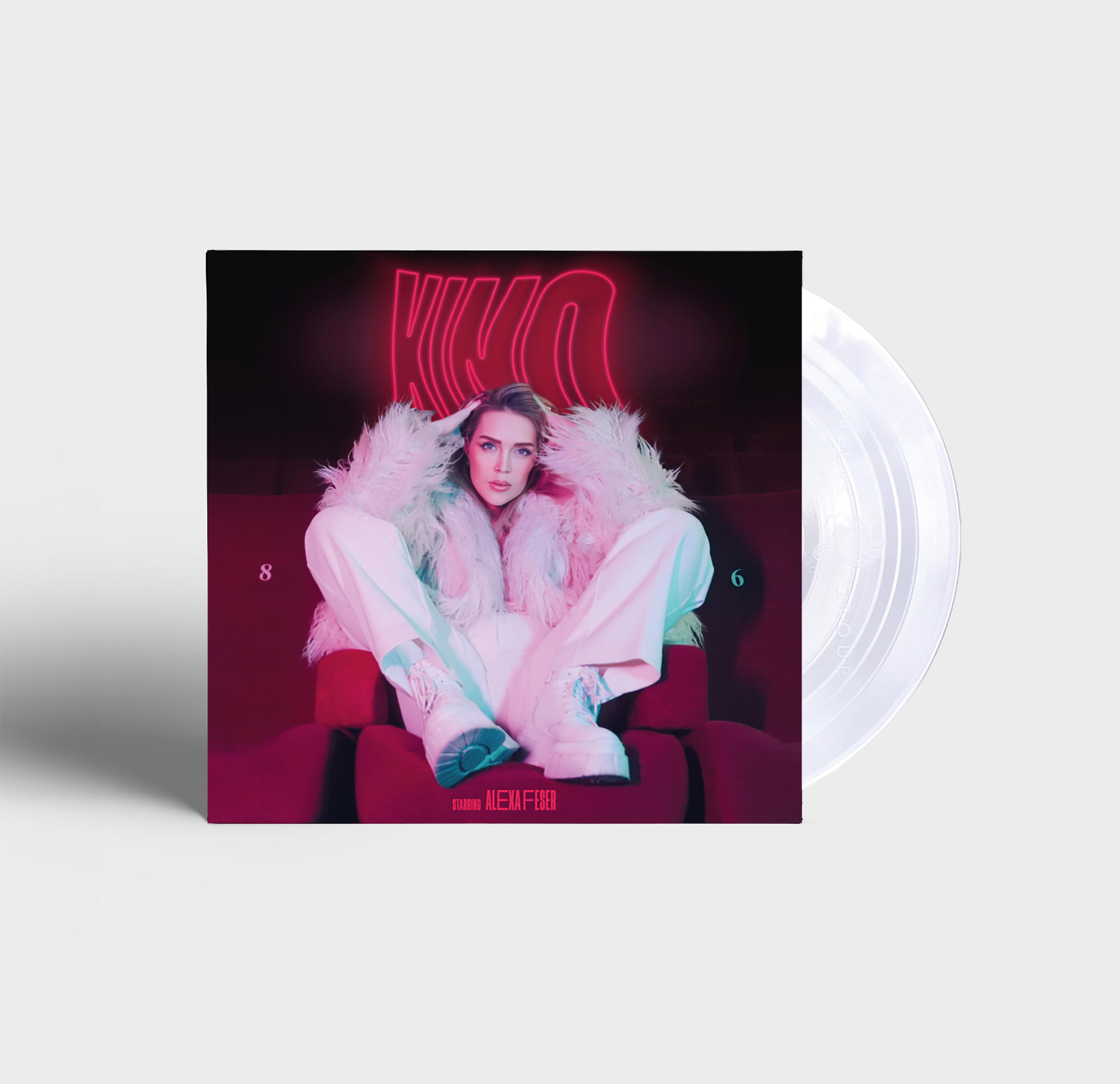 Albumcover: Frau sitzt, weißer Pelz und Hose, roter Hintergrund und Neonzeichen.