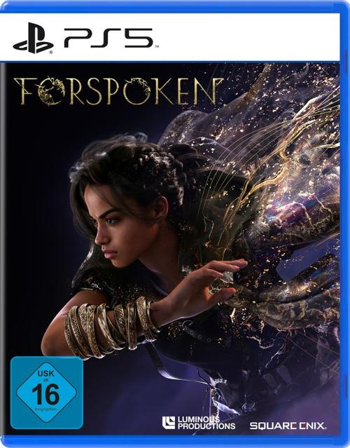 Spielcover für 'Forspoken' auf PS5, mit einer Frau mit fantastischen Elementen.