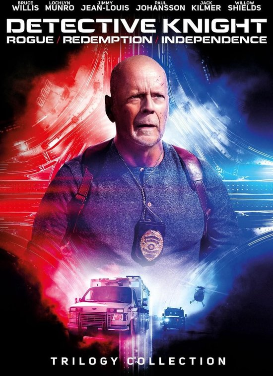 Filmaffiche met Bruce Willis. Een politiebordje op de voorgrond. Een auto en een helikopter op de achtergrond.