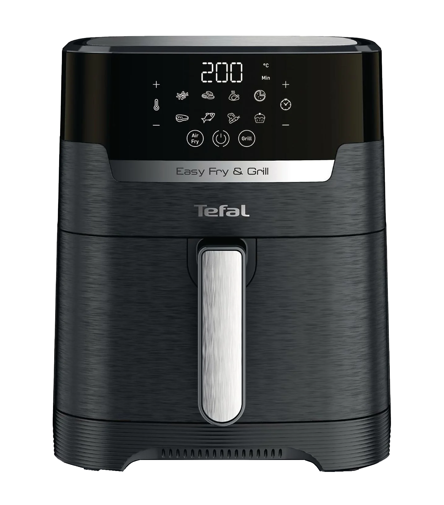 Schwarze Tefal Easy Fry & Grill Heißluftfritteuse. Sie hat ein digitales Display, einen silbernen Griff und Kochsymbole.