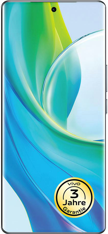 Smartphone, weiß, blauer und grüner Farbverlauf auf dem Bildschirm, Vivo-Logo.