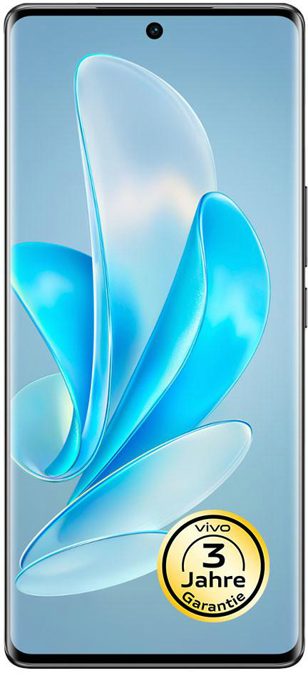 Ein Smartphone mit Vollbildschirm, runder Kamera und Garantiesiegel.