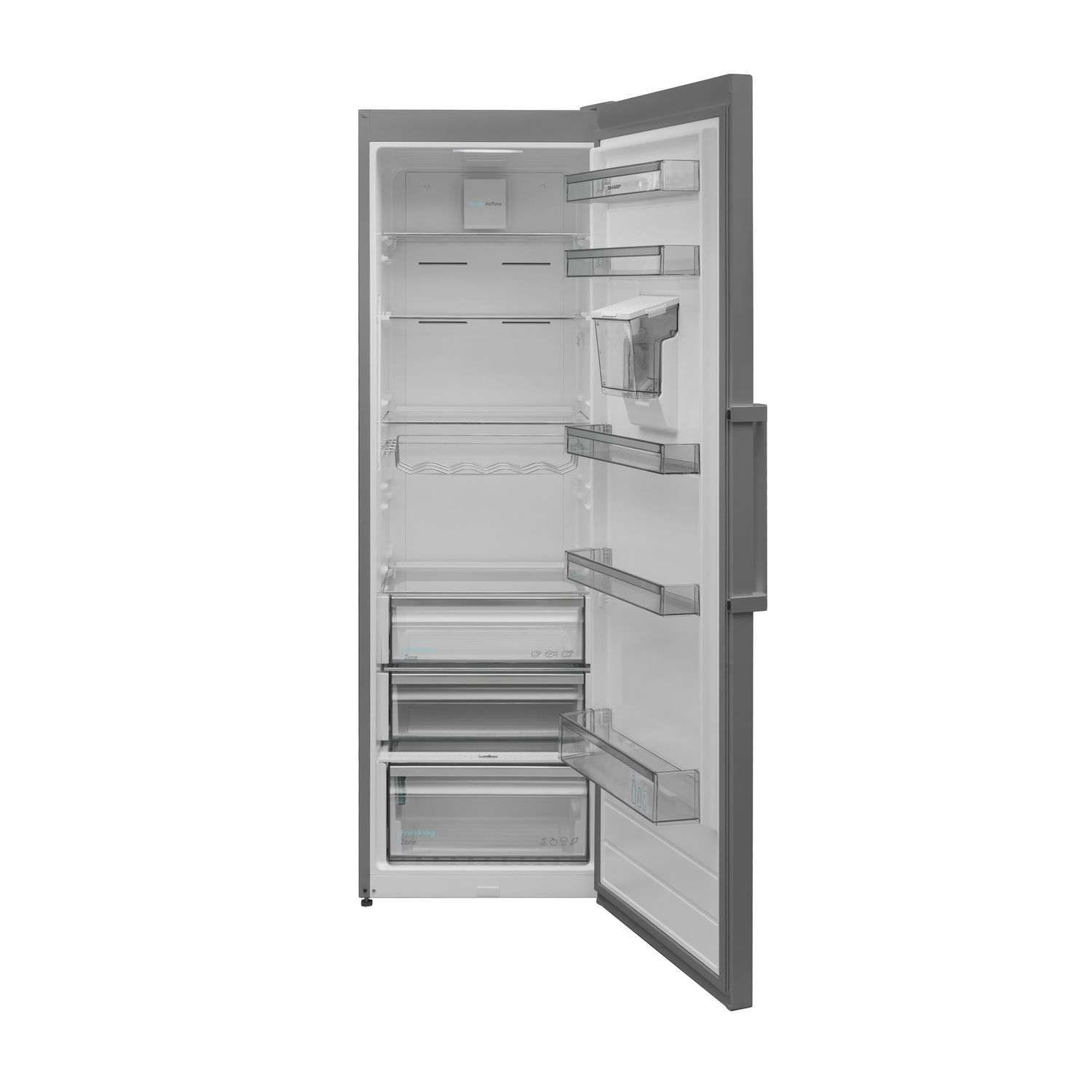 Een open, lege koelkast met grijze deuren. Planken, laden en deurvakken zijn zichtbaar.
