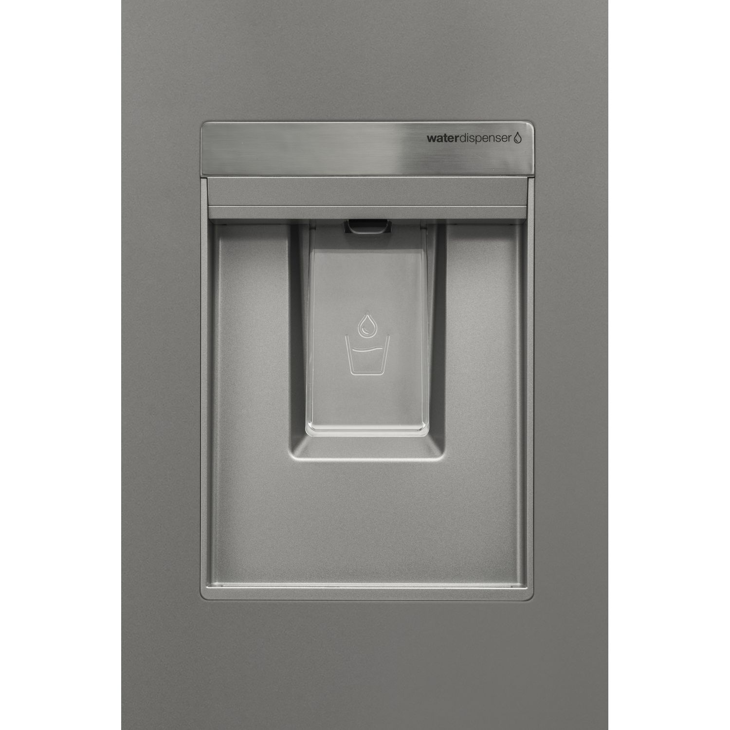 Waterdispenser op een koelkastdeur, met een waterpictogram.