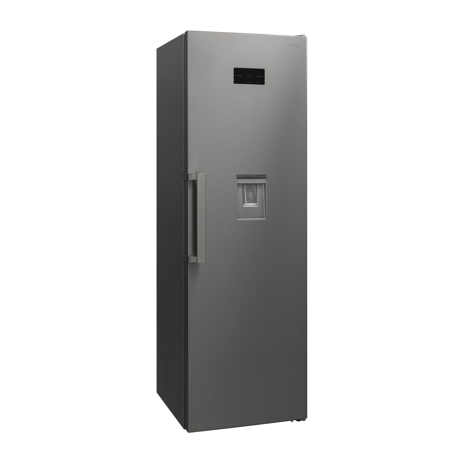 Hoge grijze koelkast met deur, handvat en dispenser.