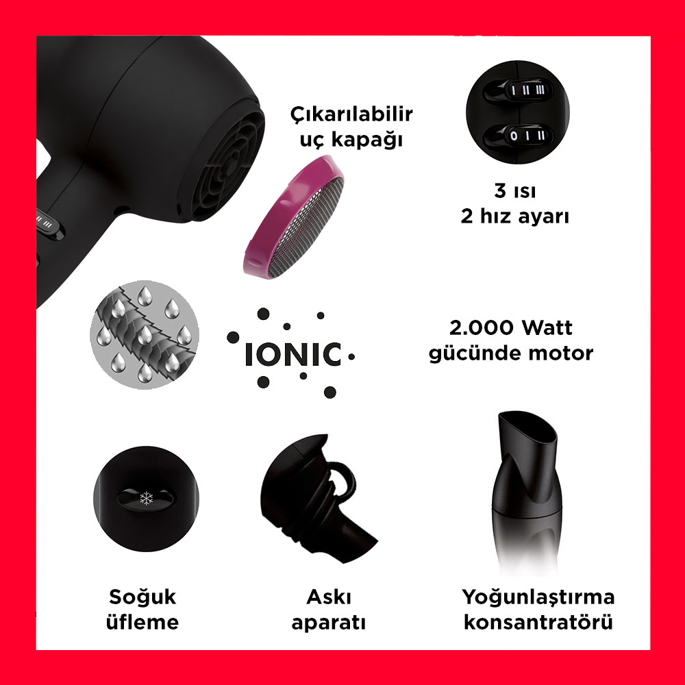 Siyah saç kurutma makinesi, eklentiler ve Türkçe etiketler. Kırmızı çerçeve.