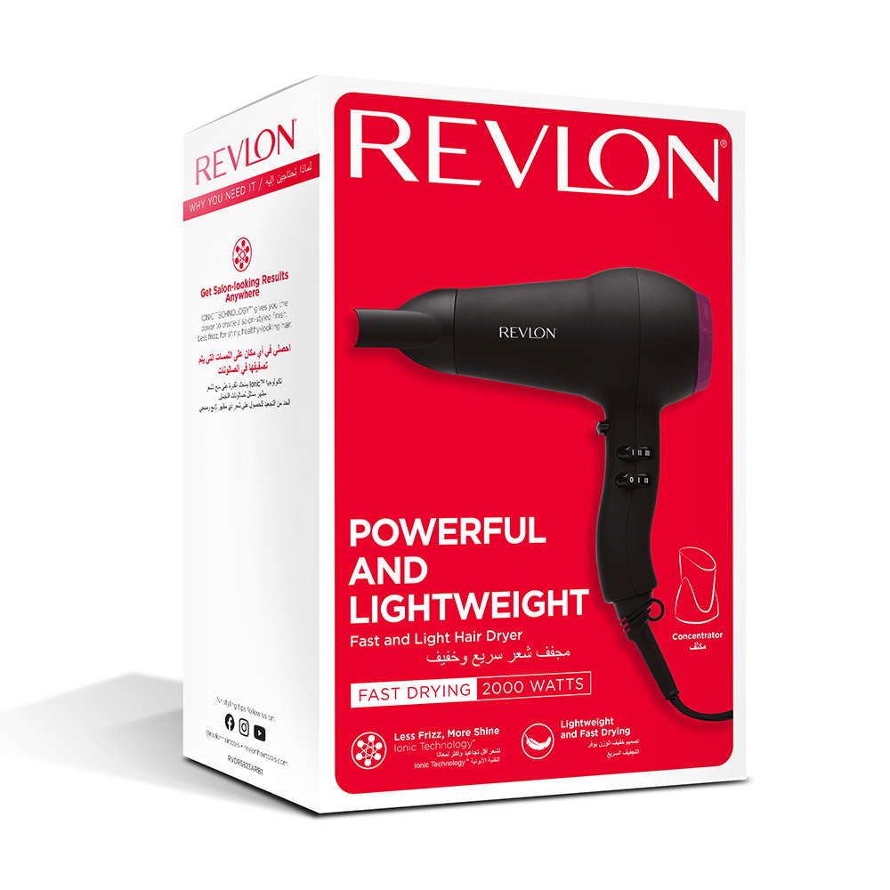 Siyah ve mor Revlon saç kurutma makinesi kutusu, metin ve bir saç kurutma makinesi görüntüsüyle.