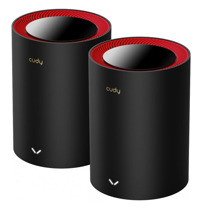 Dwa czarne cylindryczne urządzenia z czerwonymi górnymi częściami i złotym napisem "cudy".