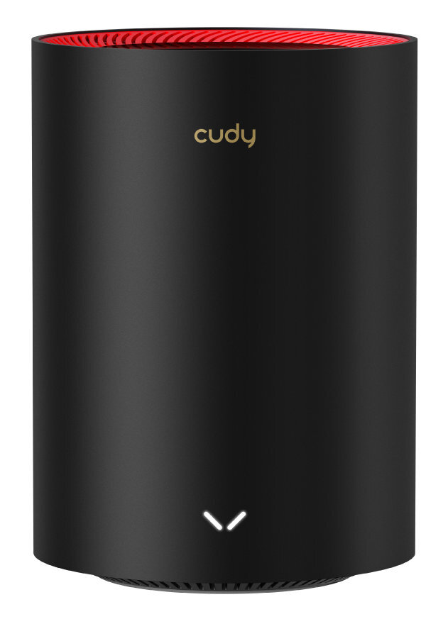 Czarny router w kształcie wieży z złotym logo 'cudy' i czerwonymi światłami u góry.