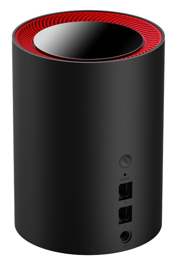 Czarny i czerwony cylindryczny router z portami i przyciskami z tyłu.