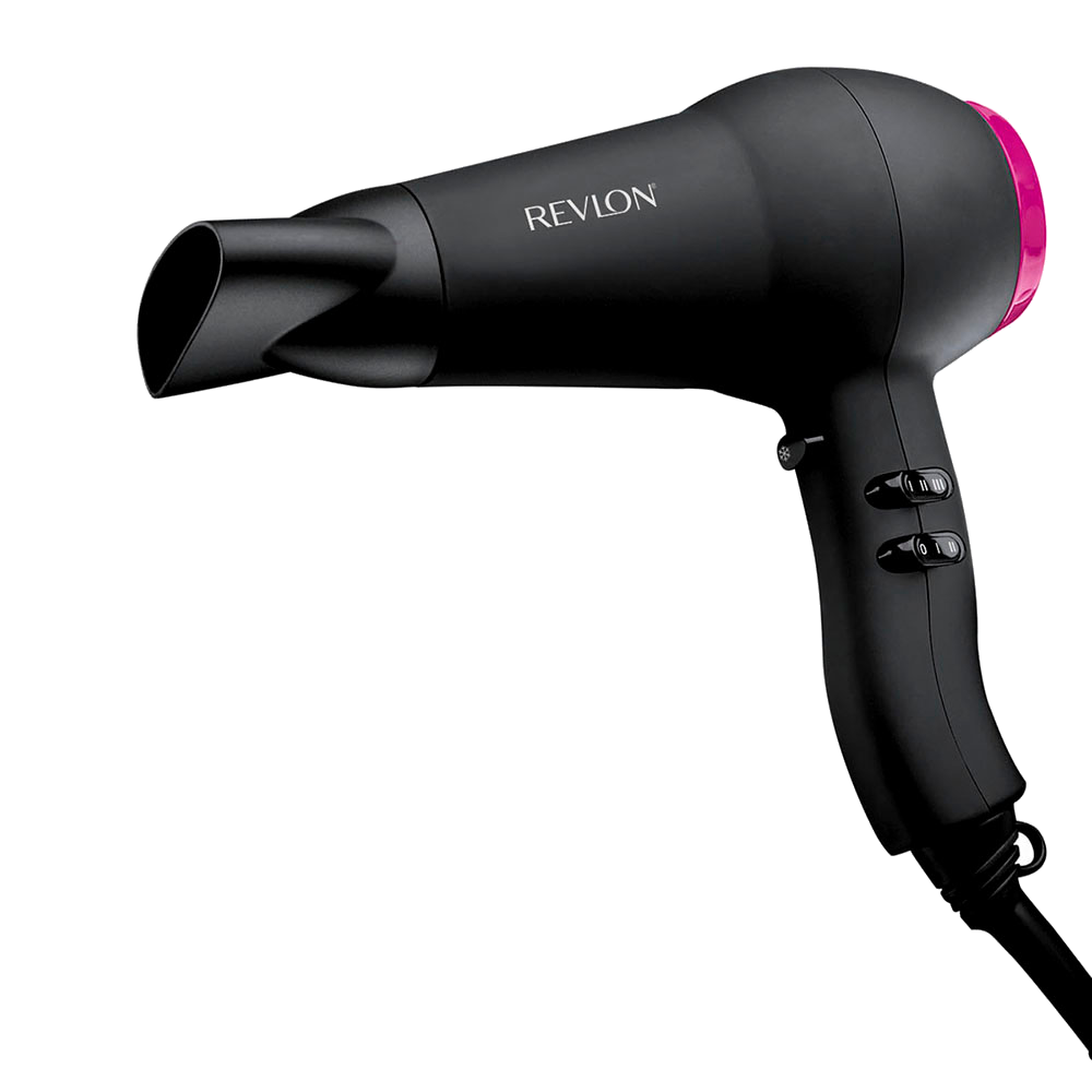 Pembe detaylı siyah Revlon saç kurutma makinesi.