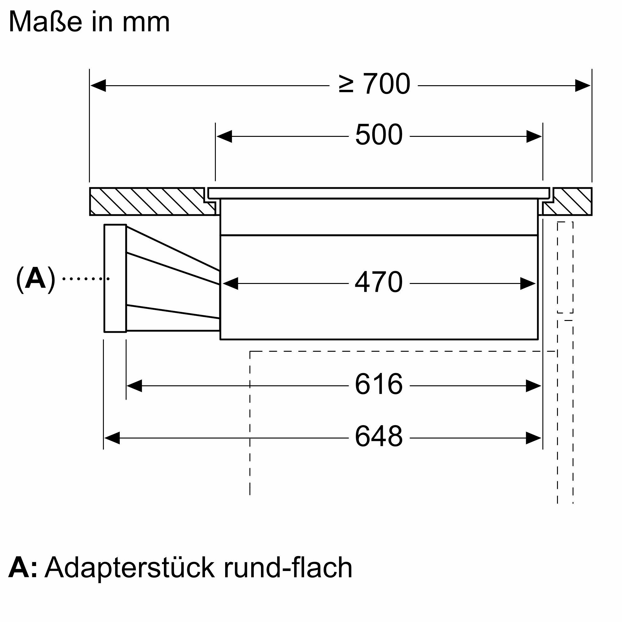 Eine technische Zeichnung mit den Abmessungen eines Küchengeräts, Seitenansicht.