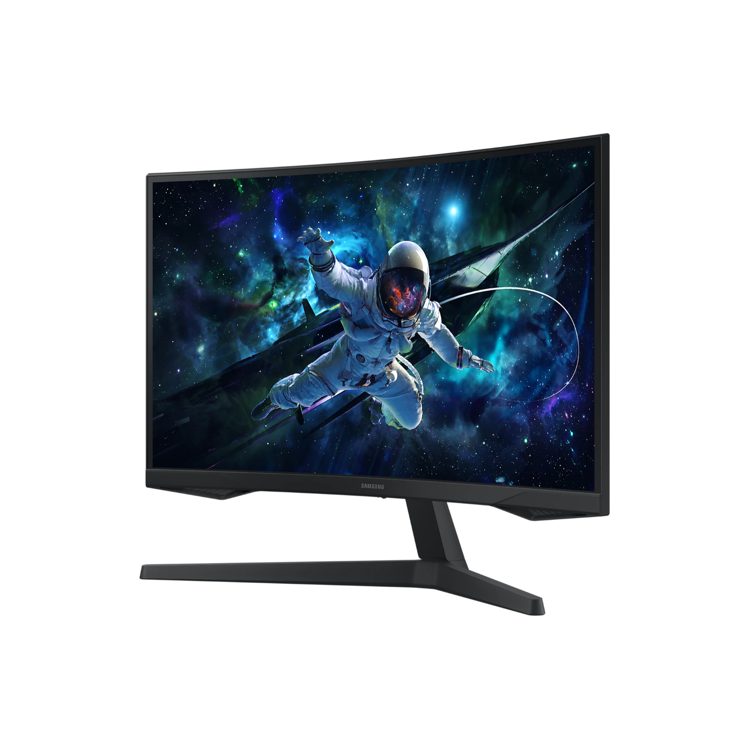 A curved black monitor displaying a space scene with an astronaut, on a black stand.