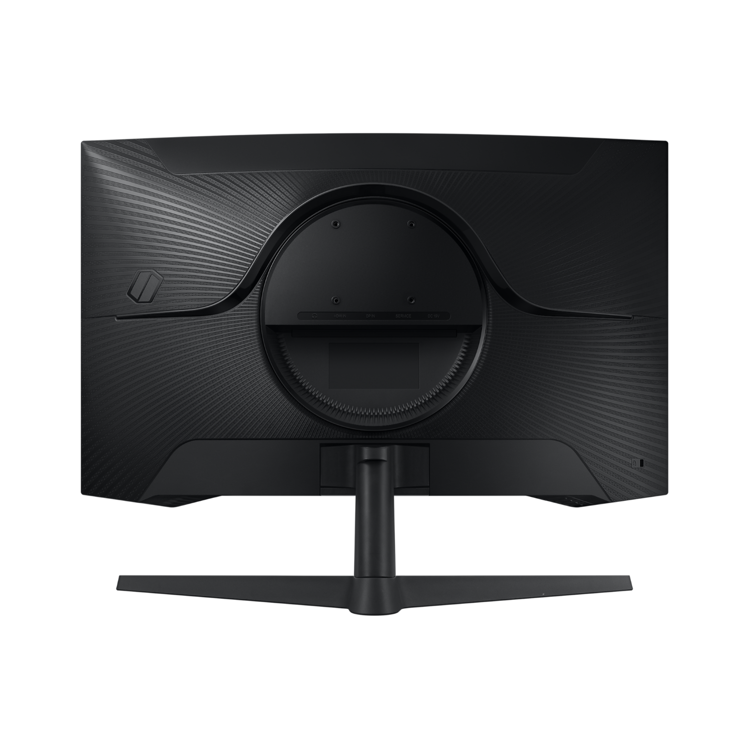 Black monitor with stand. The back is visible.