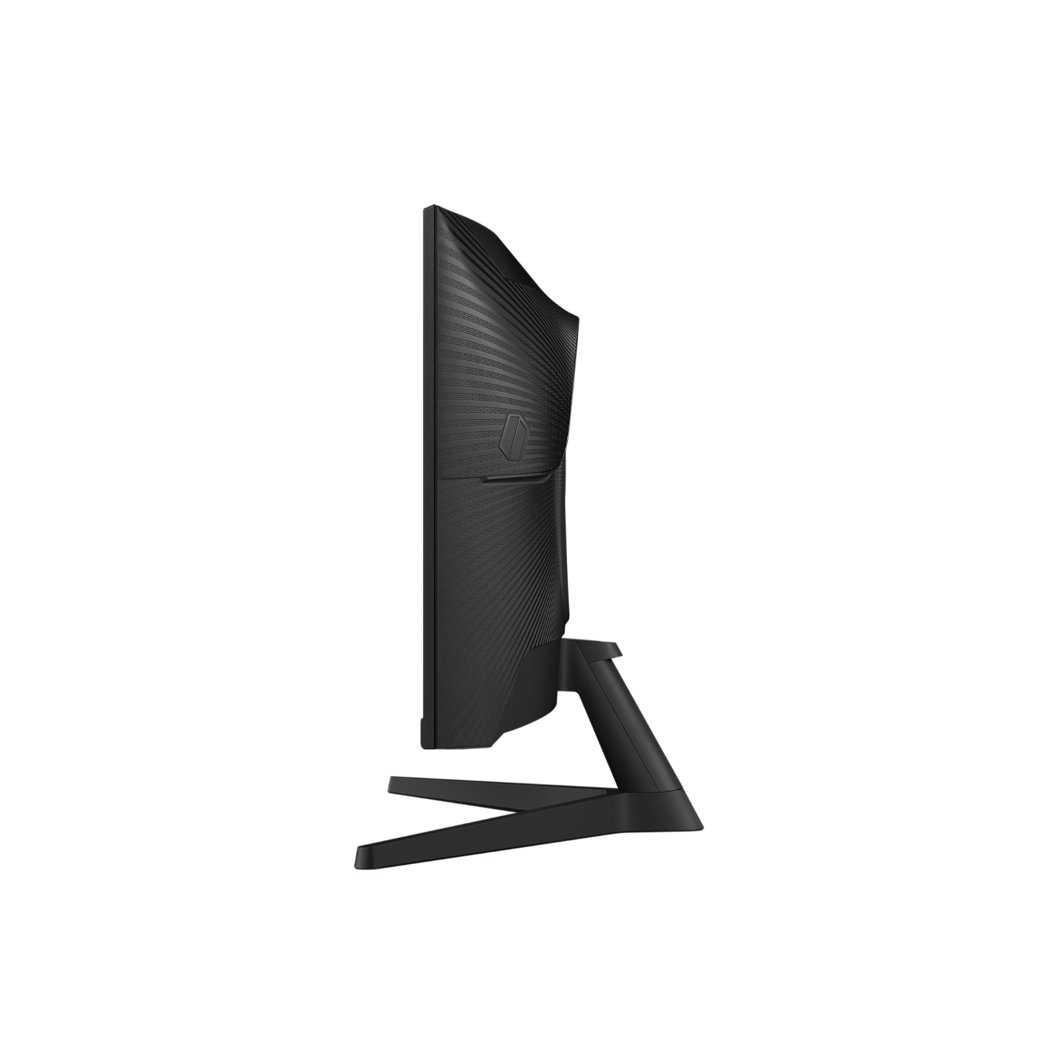 Side view of a black Samsung monitor, showing the curved screen and stand, against a black backdrop.