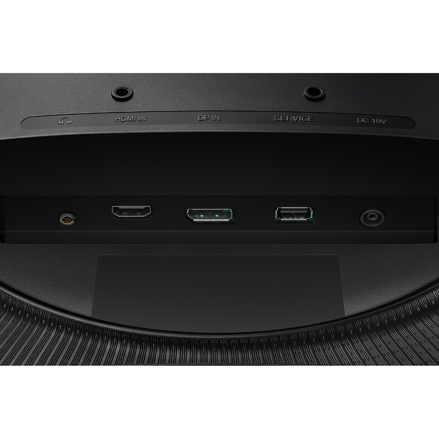 Back of a monitor with ports: HDMI, DP, USB.